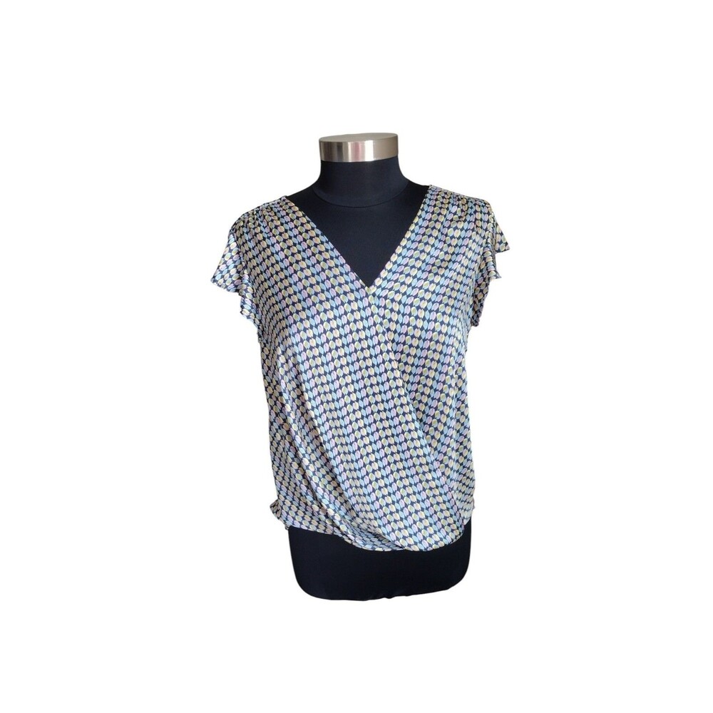 Vince Camuto Faux Wrap Top Womens S Multicolor Deep V Neck Geometric Blouse